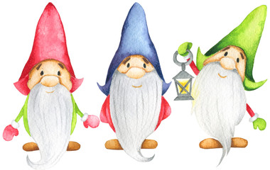 Three Christmas gnomes in hats. Hand-drawn watercolor.