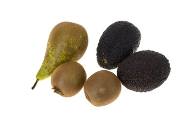 Close up view of kiwi, pear and avocado isolated on white background.  Fruits and vegetables concept.