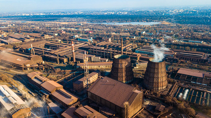 metallurgical production plant full cycle smoke from pipes bad ecology aerial photography