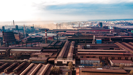 metallurgical production plant full cycle smoke from pipes bad ecology aerial photography