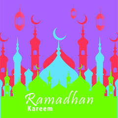 Ramadan Kareem Greeting Card. Social Media post template  with Mosques silhouettes