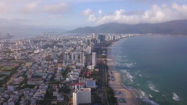flying camera takes pictures of the coast of Danang