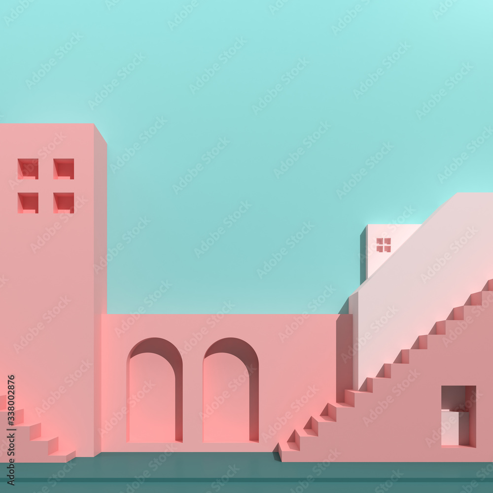 Poster Minimal style of architectural buildings with stairs and arches, housing on pastel color background, presentation,shade and shadow. 3D rendering.