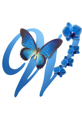 blue letter with orchid and butterfly