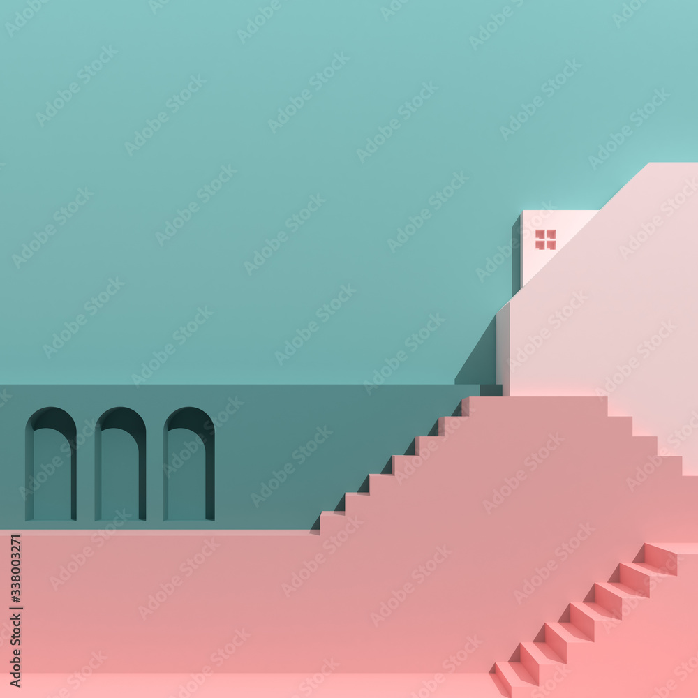 Aufkleber minimal style of architectural buildings with stairs and arches, housing on pastel color background,