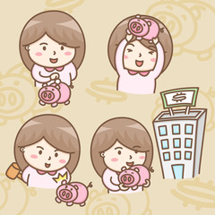 Design elements vector of cute little girl with pink piggy bank cartoon characters, Piggy bank can help kids to learn about saving money, Value of money.