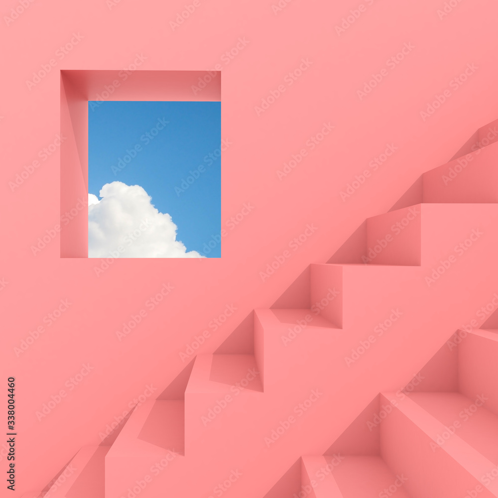 Fototapete Minimal abstract building space with square window and staircase blue sky background, Architectural design with shade and shadow on pink surface. 3D rendering.