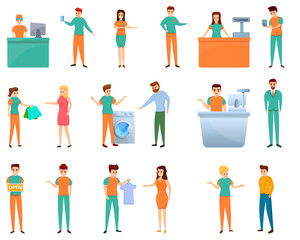 Shop assistant icons set. Cartoon set of shop assistant vector icons for web design