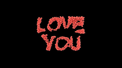 Love You sentence, made out of shiny spheres on black background. Valentine's Day. 3D rendering.
