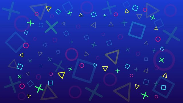 The concept for gamers, bloggers, animated vector background on a gaming theme. Screensaver, preview. On the artboard there are circles, squares, trogolniki, crosses. Laid out as a gamepad.