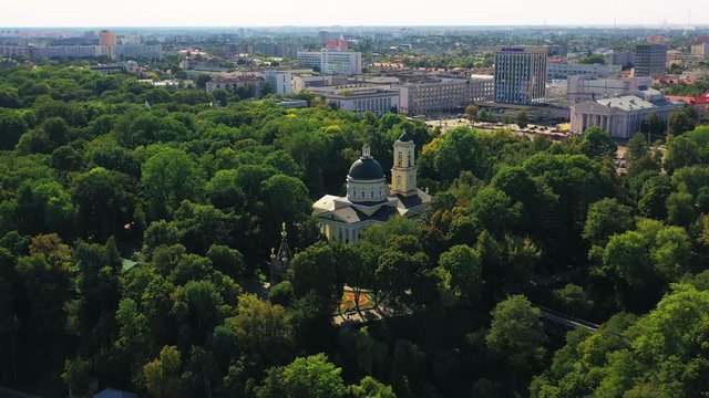 Peter and Paul Cathedral in the park of the city of Gomel. Circular aerial view