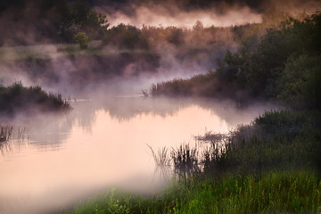 Fototapeta na wymiar River in the early morning at dawn. Delicate dawn sky and fog rising above the water, lush greenery on the banks. Summer spring wild landscape by the river. Selective soft focus.
