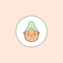 Girl Face. Circle Avatar. Round sticker. Stylish green Haircut. Minimalistic Icon. Colorful Outline Vector illustration. Head with wide chin. Isolated on pink. Cartoon Asian style. Simple cute design