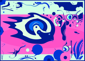Underwater landscape in blue and pink. Illustration.