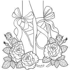 Black and white outline vector coloring book for adults. Legs of a ballerina in pointe shoes among the flowers of roses with thorns © Nataliia