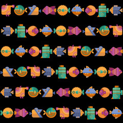Multi-colored decorated fish in geometric style. Seamless background pattern.
