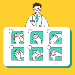 Infographic Male Doctor Explaining How to Wash Your Hand Template Doodle Vector Illustration