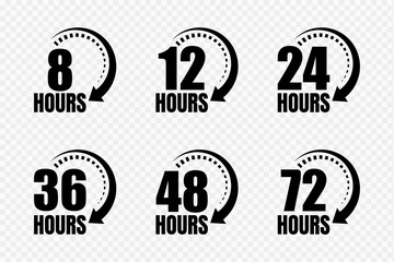 8, 12, 24, 48 and 72 hours clock arrow vector icons. Delivery service, online deal remaining time website symbols. Vector illustration.