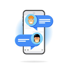 Chat message on smartphone. Vector illustration, flat cartoon sms bubbles on mobile phone screen, on white background. Man chatting on cellphone with woman.