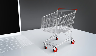 The concept of online shopping. Laptop screen, mockup. Shopping cart next to the laptop. Shopping from the comfort of your home. 3D rendering.