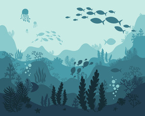 background underwater world, sea ocean, fish animals, algae and coral reefs, vector illustration - 338012295