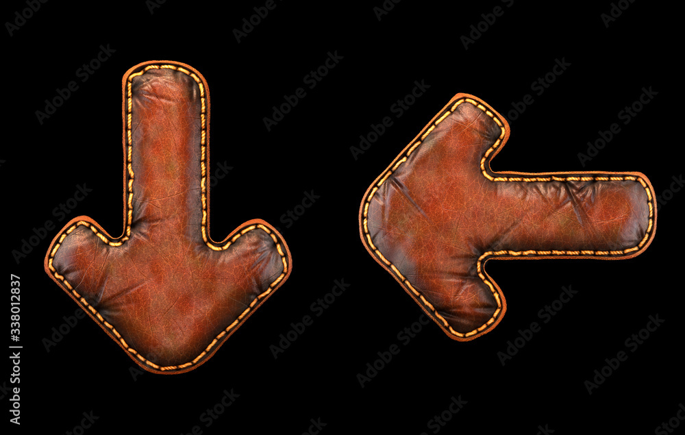 Fototapete set of symbols arrow to down and left arrow made of leather. 3d render font with skin texture isolat