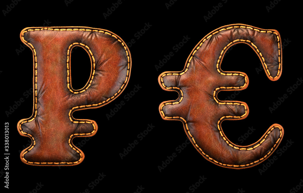 Fototapete set of symbols rouble and euro made of leather. 3d render font with skin texture isolated on black b