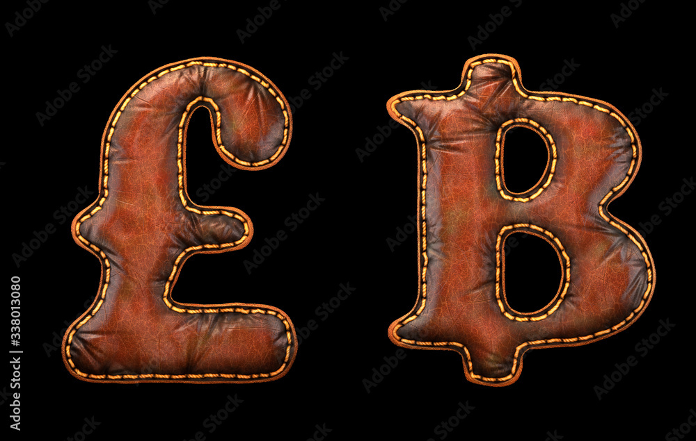 Fototapete set of symbols lira and baht made of leather. 3d render font with skin texture isolated on black bac