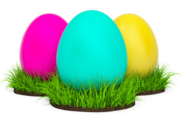 Colored Easter Eggs in the green grass, Easter concept. 3D rendering