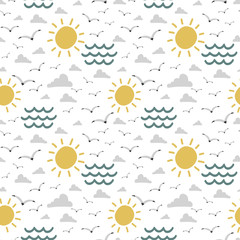 sun sea with birds seagull, vector seamless pattern, illustration