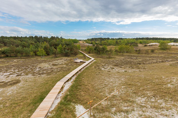 Fototapeta na wymiar Holzbohlenweg im Nationalpark Hohe Düne von Pramort