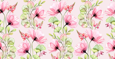 Watercolor seamless pattern. Abstract popp flowers, leaves and fresia plant. Pink floral background. Hand painted illustration with colourful flowers for wallpaper design, textile, fabric