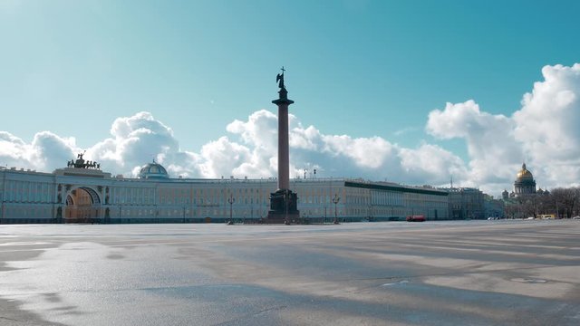 st. petersburg, russia. April 2020: Empty palace square in st. Petersburg due to pandemic coronavirus, people stay at home