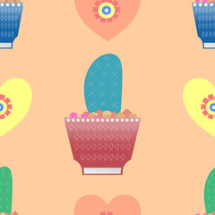 Cactus and hearts pastel pattern