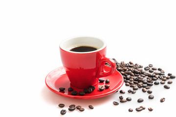 Hot Coffee cup and beans on a white background. Coffee time and breakfast at morning time.