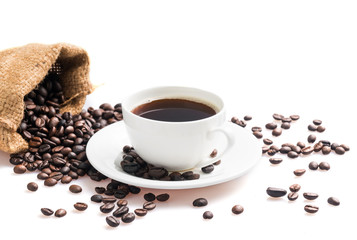 Hot Coffee cup and beans on a white background. Coffee time and breakfast at morning time.
