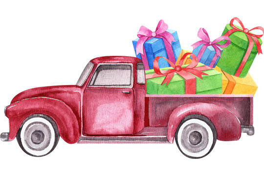 Christmas red retro truck with Christmas tree, gifts and other decorations. Watercolor holiday illustration. Perfect for your Christmas and New Year project, invitations, greeting cards, wallpapers