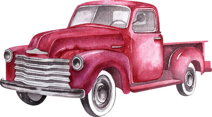 Watercolor retro truck. Hand painted vintage retro car illustration perfect for thanksgiving card making, wedding invitation and fall autumn postcards  © Larionochka Store