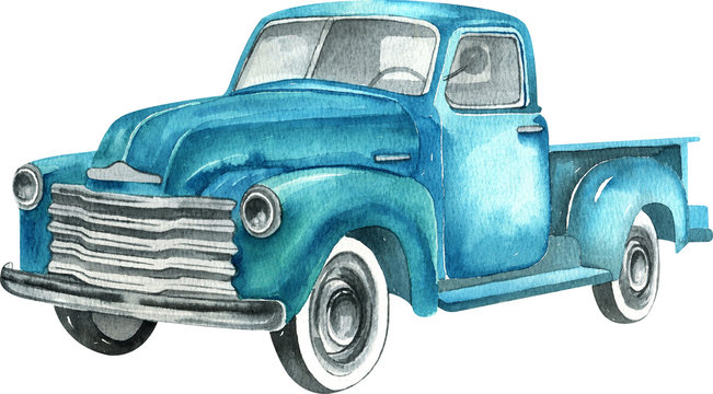Watercolor retro truck. Hand painted vintage retro car illustration perfect for thanksgiving card making, wedding invitation and fall autumn postcards 