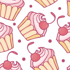 Seamless vector pattern with cute pink cupcake with cherry and dots. Doddle texture for design of wrapping paper or textile. 