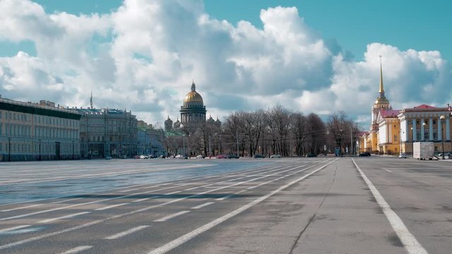 st. petersburg, russia. April 2020: Palace square of St. Petersburg without people, during quarantine on the city. Sunny day