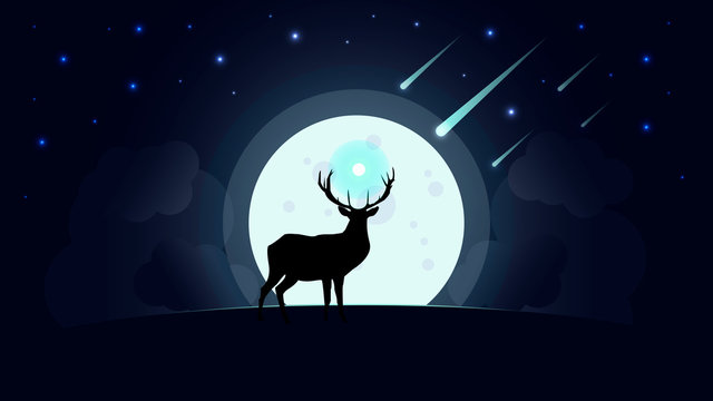 Deer silhouette on moon with falling star at starry night