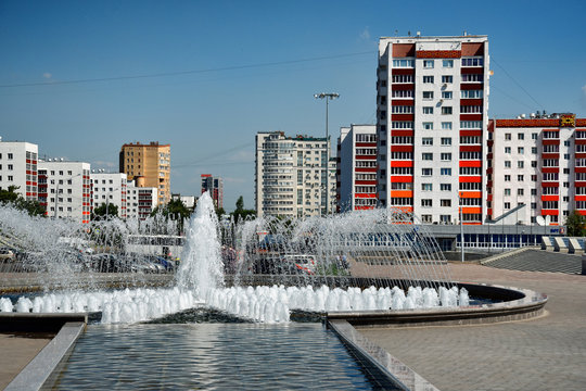 Ufa, a square with a fountain next to the monument to Salavat Yulaev