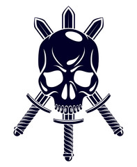 Aggressive skull pirate emblem Jolly Roger with weapons, vector vintage style logo or tattoo dead head.