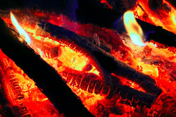 Burning Fire.Closeup. Bonfire, burning trees logs. Red, orange fire flame and smoke. Selective focus.