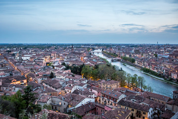 View of the evening Verona from the observation deck at the Castle of St. Peter. Verona, Veneto, Italy