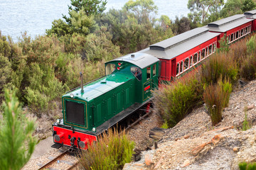 Locomotive and carriages on the  West Coast Wilderness Railway