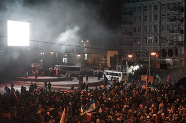 UKRAINE, KYIV - January 19, 2014: The centre of the city after the Ukrainian revolution of 2014,...