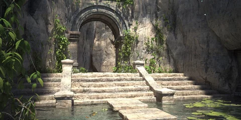Foto auf Acrylglas Anbetungsstätte Ruinen des heiligen Tempels mit grüner Vegetation. Schöne natürliche Tapete. 3D-Darstellung.