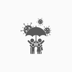umbrella safe from virus icon, prevention from coronavirus epidemic, umbrella to protect coronavirus, family protection from virus pandemic